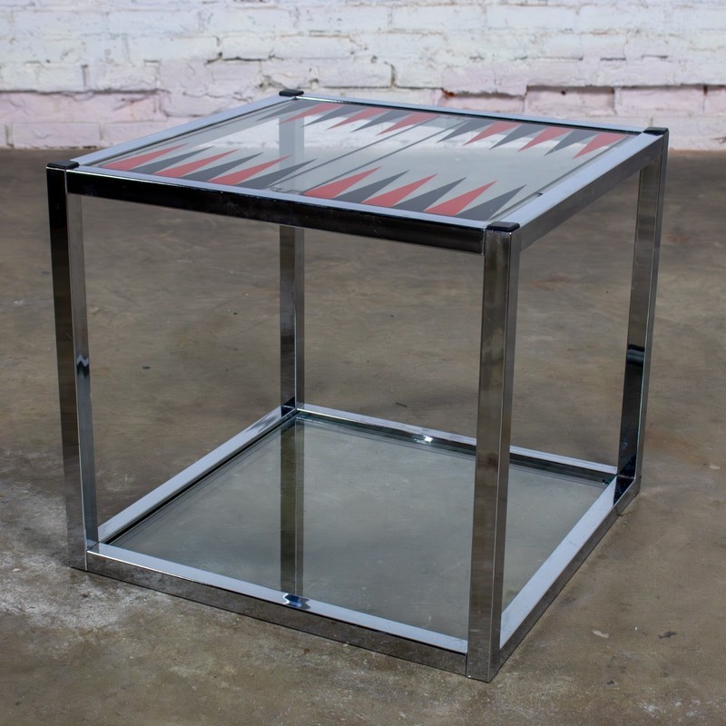 Mid-20th MCM Game End or Side Table Chrome Cube Frame & Backgammon Glass Top gallery