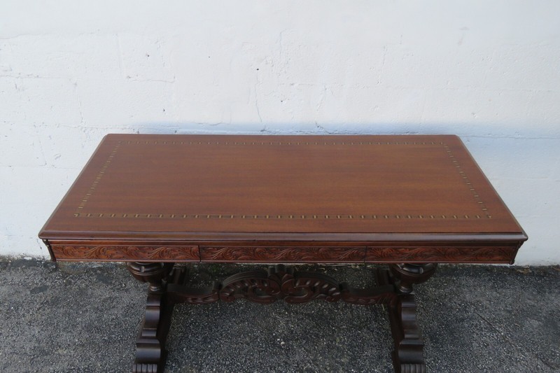 Early 1900s Carved Inlay Long Console Library Dining Extension Table 5392