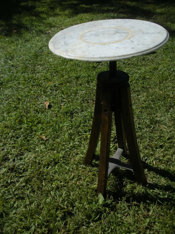 Vintage Antique Marble Top Industrial Metal Oak Wood Plant Stand Adjustable 15" gallery
