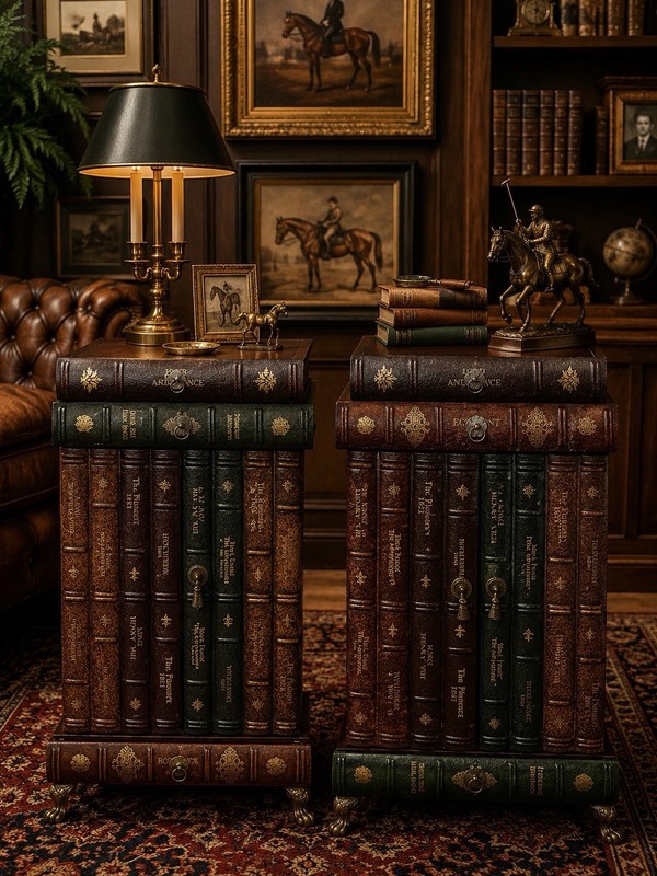 Regency Style Leather Faux Book Stack Pair Side Tables Cabinet 3 Drawer 2 Doors