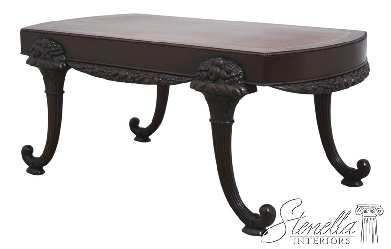 F73124: Vintage Leather Top Cornucopia Carved Mahogany Coffee Table