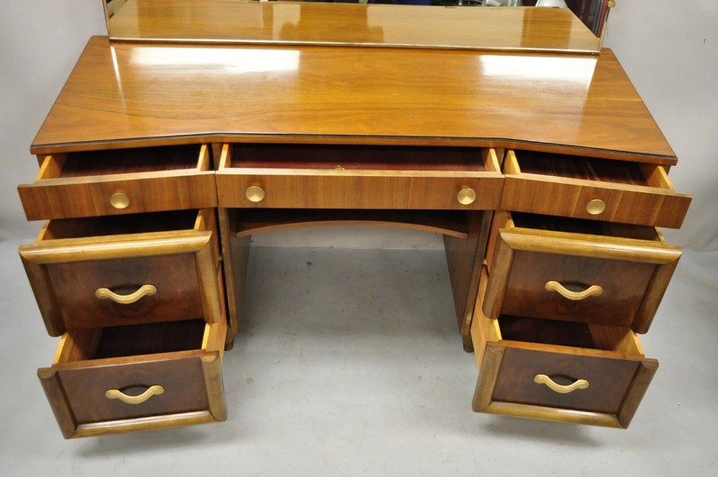 Vintage Mid Century Modern Art Deco Walnut Vanity Table w Mirror by Joerns Bros gallery