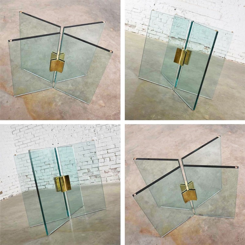 Glass Dining Table with Brass Plated Connector Attributed to The Pace Collection gallery