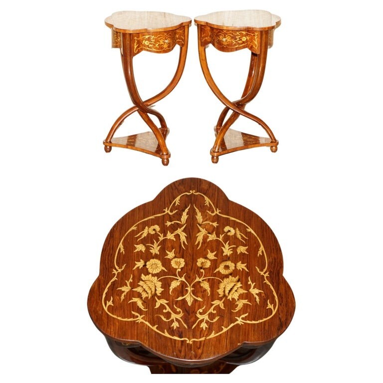 PAIR OF ART DECO STYLE SYCAMORE WOOD & WALNUT INLAID PEDESTAL SIDE END TABLES