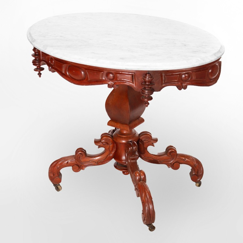 Antique Renaissance Revival Figural Carved Oval Marble Top Parlor Table, c1880 gallery