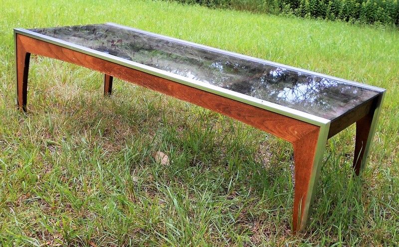 VINTAGE MID CENTURY MODERN WOOD AND STEEL COFFEE TABLE WITH SMOKED GLASS TOP