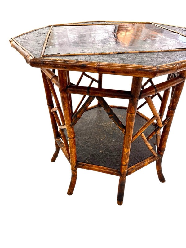 Antique Victorian Bamboo Lacquer Table Chinoiserie Tiger Bamboo 2 Tier gallery