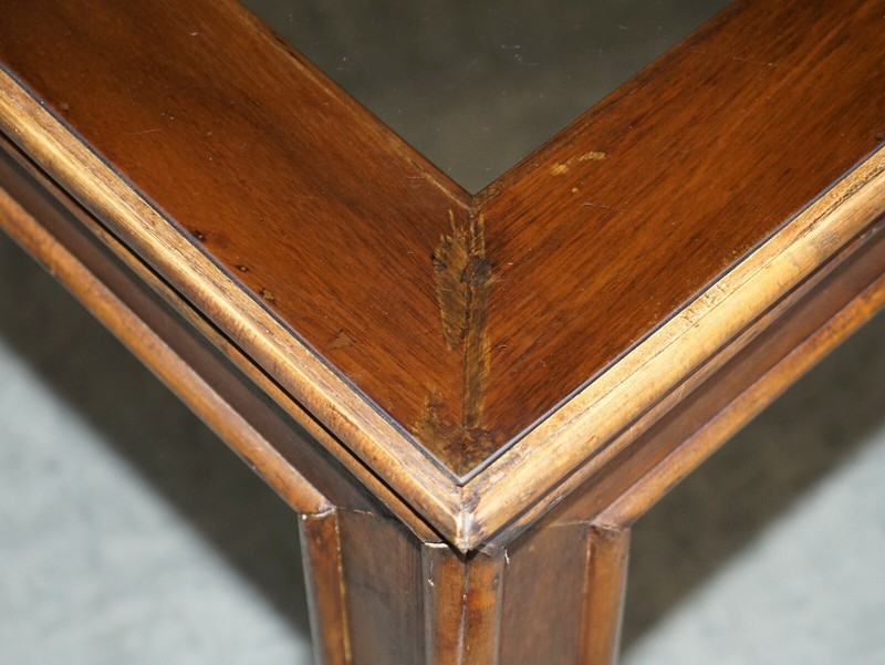 VINTAGE CHINESE CHIPPENDALE REFECTORY DINING TABLE WITH SMOKED GLASS TABLE TOP gallery