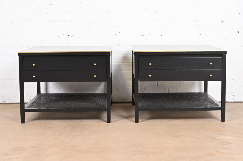 Paul McCobb Irwin Collection Black Lacquer and Brass End Tables or Nightstands