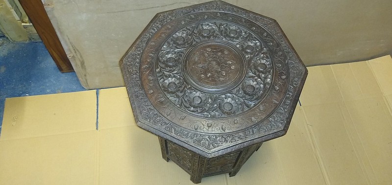 Beautiful Antique Carved Anglo Indian Octagonal Folding Table # (D-4) 21″L 22″H