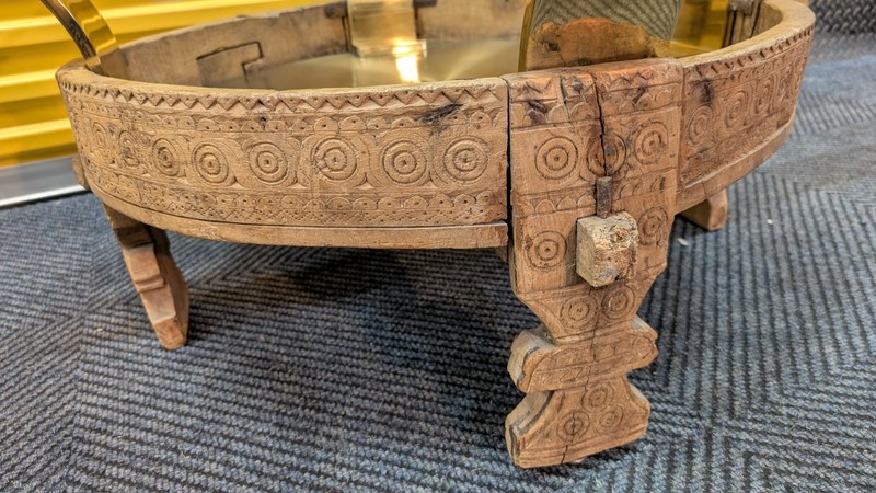 Tribal Indian Teak Chakki Grinding Table with Geometric Motifs and Glass top gallery