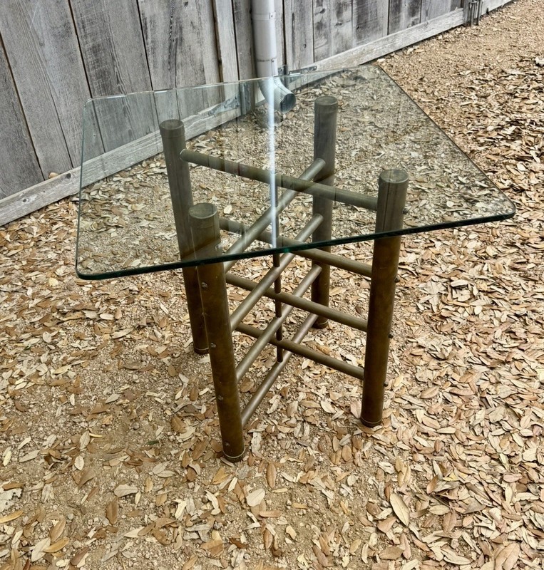 Vintage Antique Brass Adjustable X Base Tall Side End Table Glass Top gallery