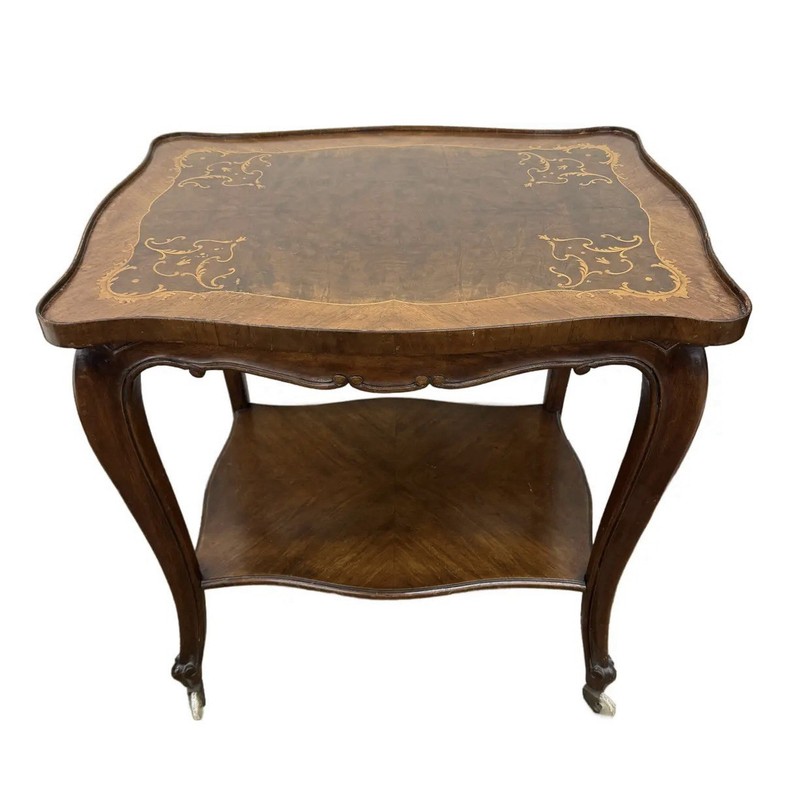 Rare Antique Italian Marquetry Inlay Two-tiered Bar Cart Tea Table End Side