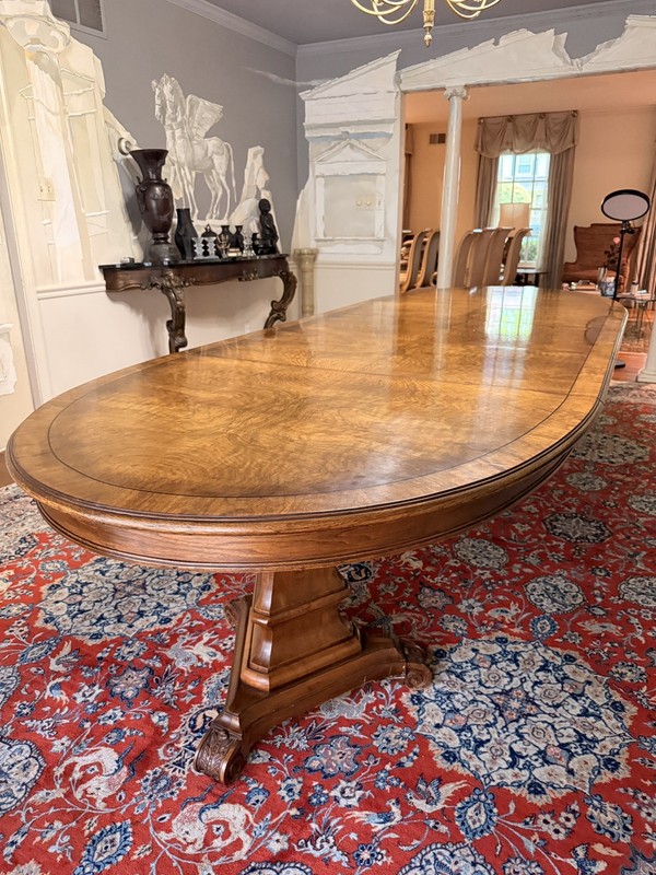 Karges Italian Provincial Burled Walnut Double Pedestal Dining Table 3 Leaves