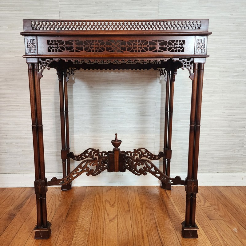 Chinese/Asian Chippendale Style Wood-Carved Fretwork Tea Table gallery