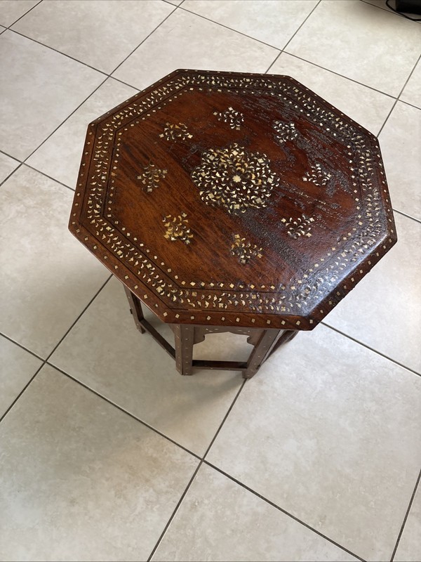 Antique Octagonal Coffee End / Table Bone Inlay Inlaid Moroccan Indian Folding
