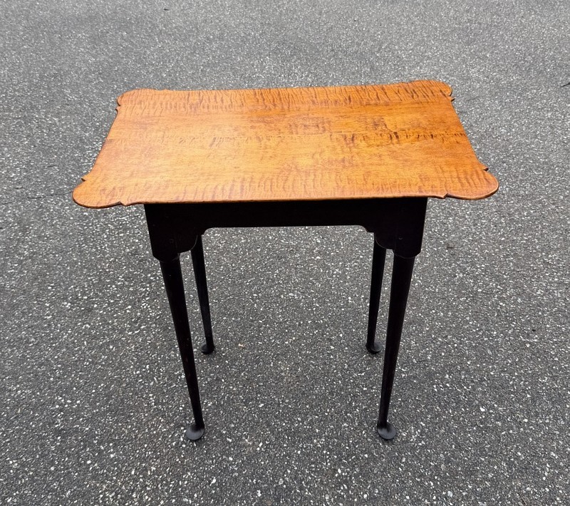 D. R. Dimes tiger maple table with crackle black base in the Queen Anne style