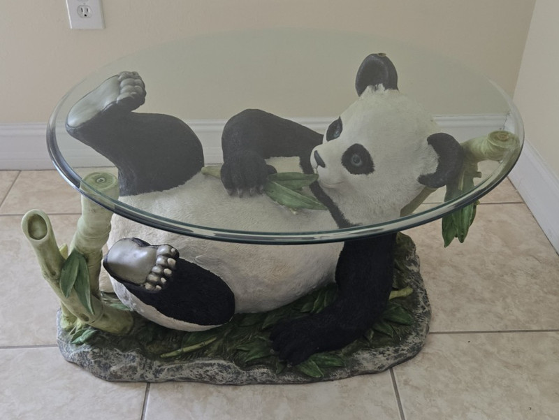 Vintage Retro Panda Coffee Table Heavy Resin Base Glass Top 70s Kitsch Decor