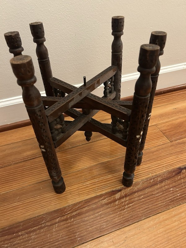 Vintage Moroccan Indian table base folding wood, ornate, inlaid flower design