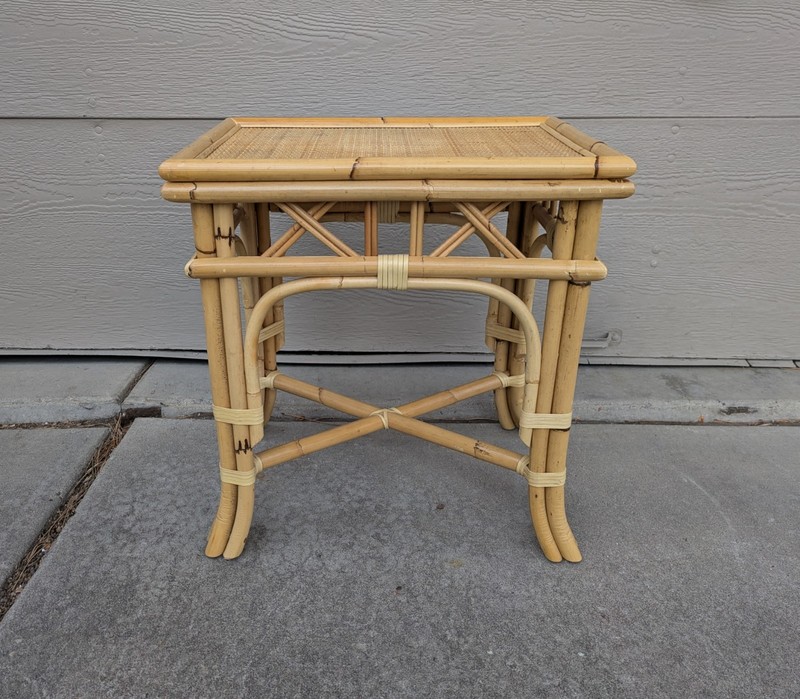 Vintage MCM Boho Chic Bamboo Wicker Rattan Cane Top End Table Tiki Coastal T63 gallery