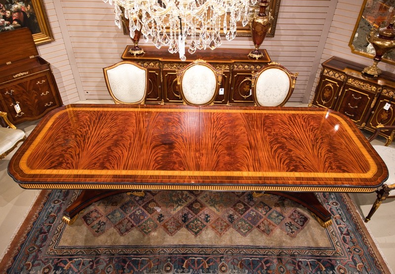 10' Heavy traditional flamed mahogany 2 pedestal formal dining table gold accent gallery
