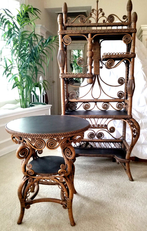 Set Antique Wicker Etagere ~ Victorian ~ Cabriole Legs~Round Side Table