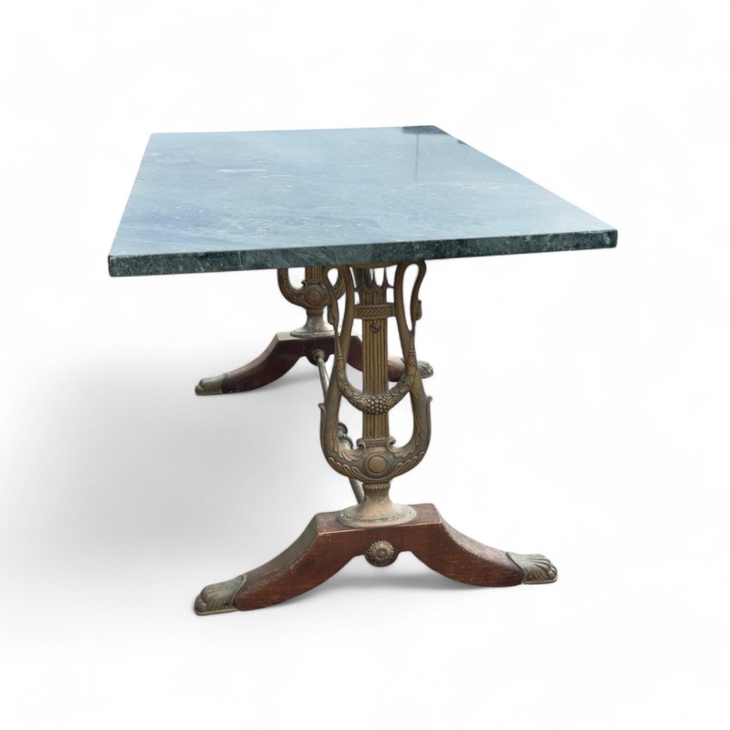 19th Century Marble Top Table with Brass Frame & Lyre Legs Antique gallery