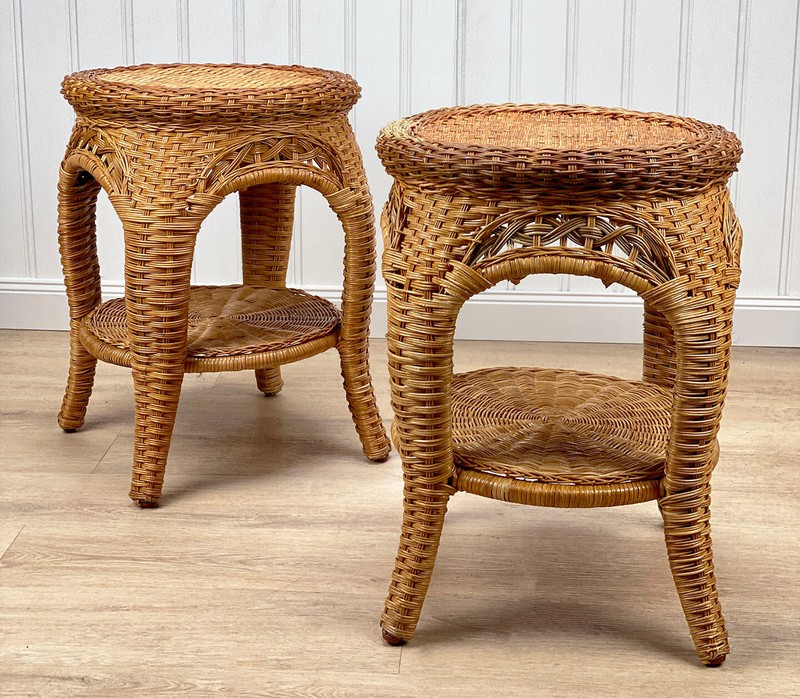Vintage Coastal Boho Natural Wicker Round Plant Stand End Tables - A Pair gallery