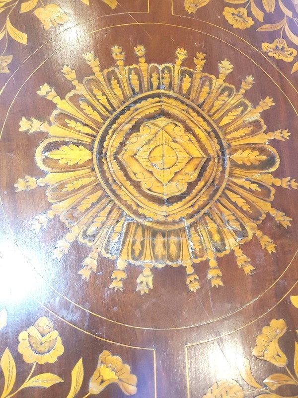 Antique Marquetry Wood Inlaid Floral Dual Drop Leaf Table 29" Tall Single Drawer gallery