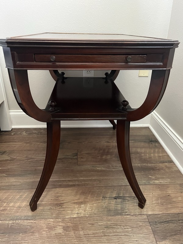 Vintage Mid Century Mahogany Side Table Leather Top Inlay Pull Out Tray Original