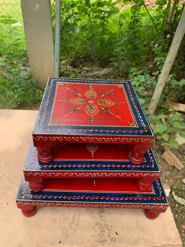 Stool For Pooja Handmade Indian Wooden Chowki Decorative Home Decor Bajot Art
