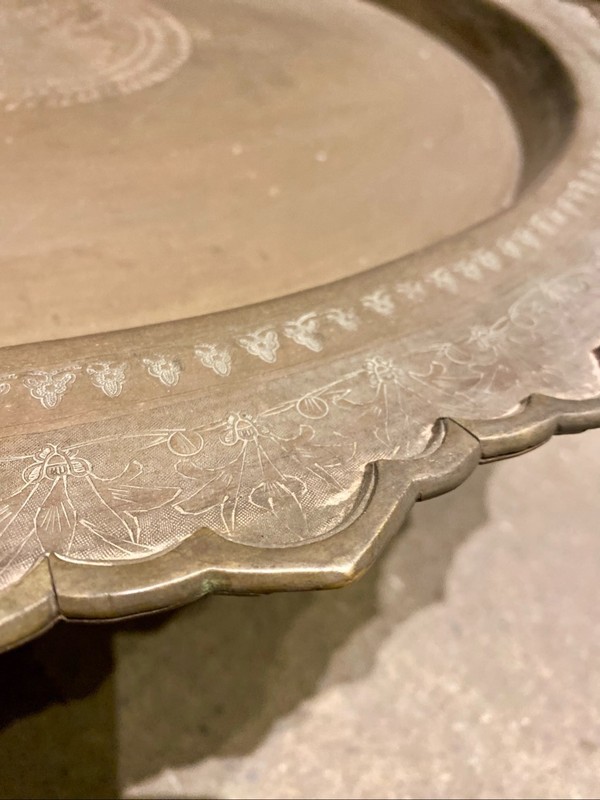 Antique Handcrafted Moroccan Style Etched Brass Pedestal Coffee Table gallery