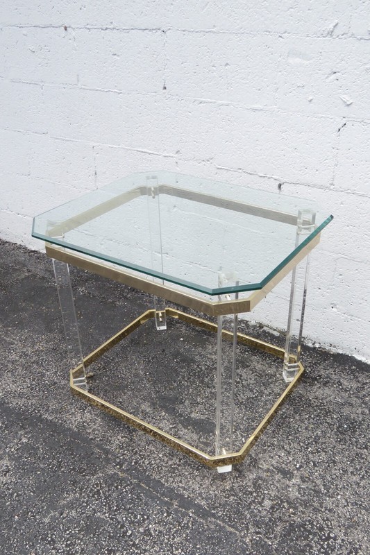 Hollywood Regency Lucite and Brass Finish with Glass Top Side Table 2998 gallery