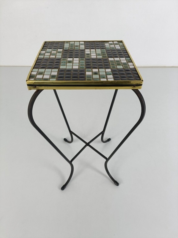 Vintage Small Side Table Plant stand Mosaic tiles Checkered pattern Wrought Iron gallery