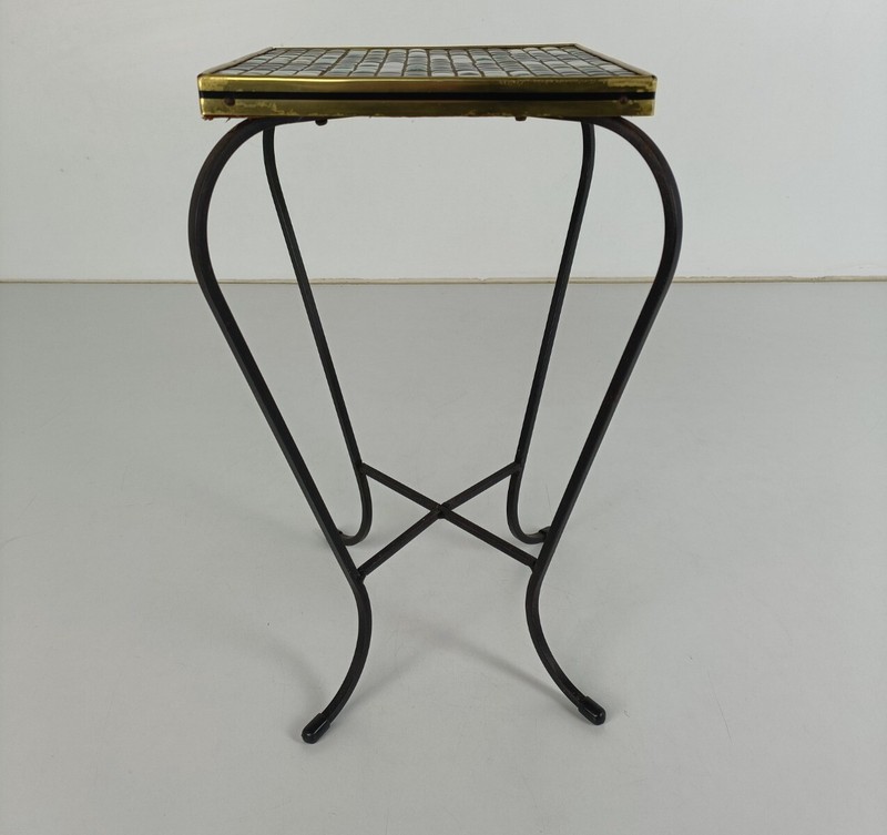 Vintage Small Side Table Plant stand Mosaic tiles Checkered pattern Wrought Iron gallery