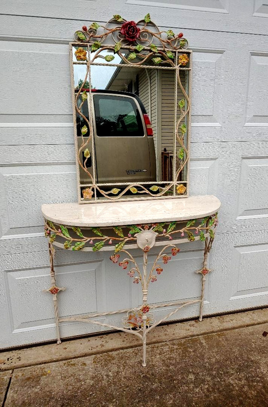 WONDERFUL 1920'S HAND WROUGHT IRON MARBLE TOP DEMILUNE HALL TABLE & MIRROR