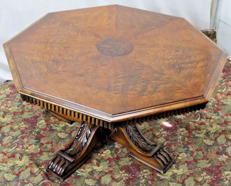 1920 Jacobean Walnut book match Octogen coffee Table