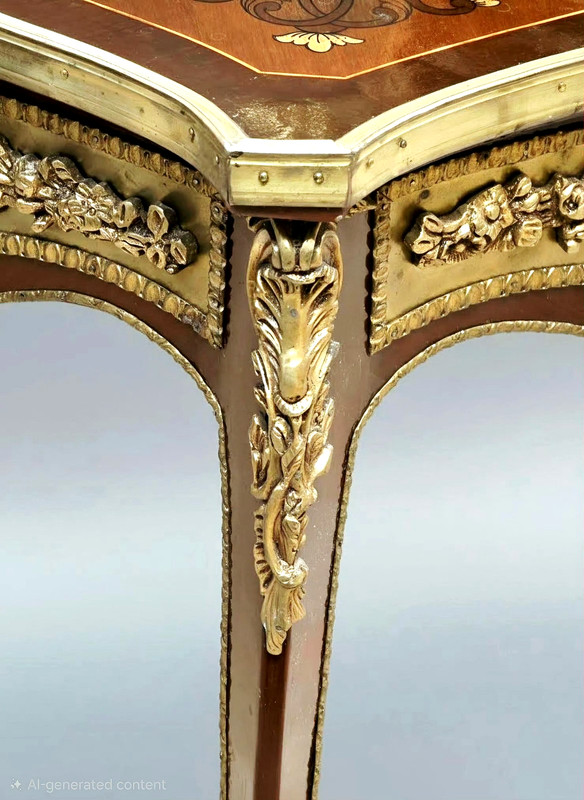 Antique French Ormolu Mounted Marquetry Top Side Table, Early 20C gallery