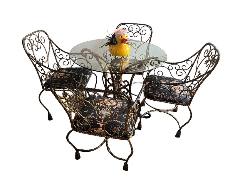 Vintage 1940's Italian ROPE & TASSEL Iron GOLD GILT Hollywood Regency Dining Set gallery
