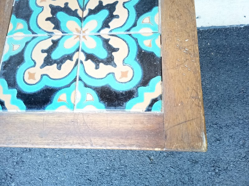 Vintage 40s Mexican tile top wood table 17.5 x 17 x 17" gallery