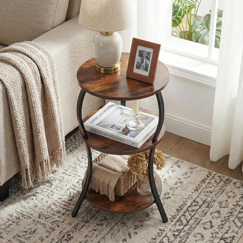Vintage Small Round Side Table, 3-Tier Storage for Elegant Spaces - Rustic Brown gallery