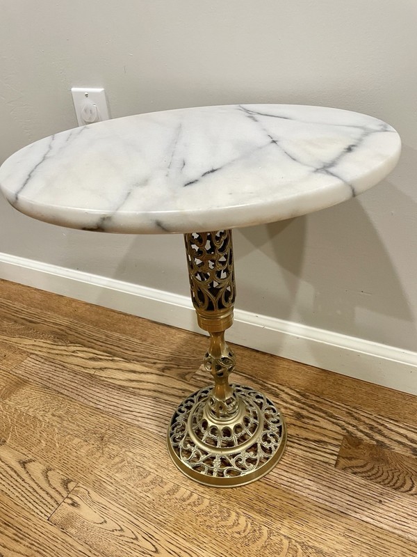 Vintage Brass Filigree And Marble Top Pedestal Side Table 17-1/2” Tall NL