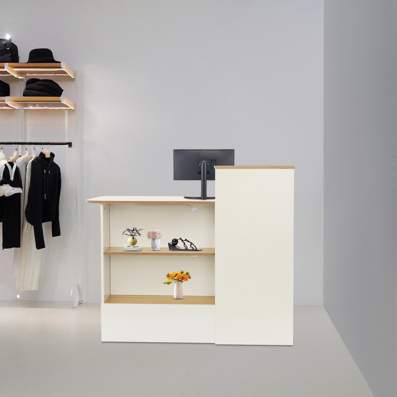 Modern Reception Desk 47.2in With Locking Drawer & Open Shelves Warm White Wood gallery