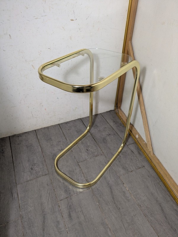 Vintage MCM Milo Baughman Style Brass Tone Cantilever Table Glass Top K87 gallery