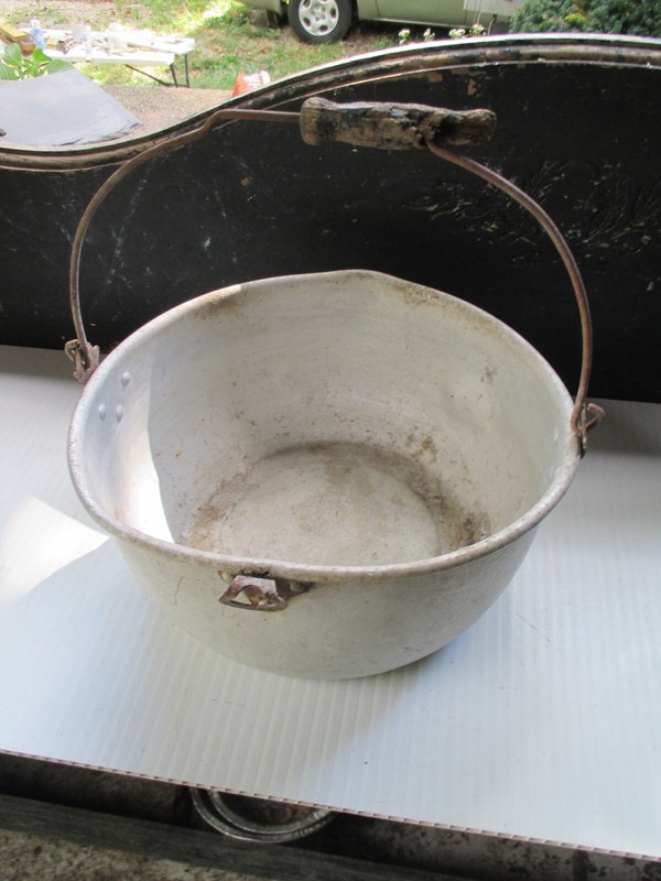 Large Antique Rustic Aluminum Ware Wood Bail Handle Pot-great for Flower Pot gallery