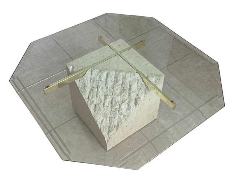 Postmodern Tesselated Mactan Stone and Brass Coffee Table With Glass Top gallery