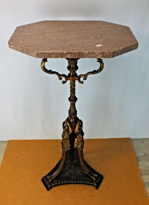 Neoclassical Marble Top Stand Table Bronze Brass with Cast Iron Polychrome Base gallery