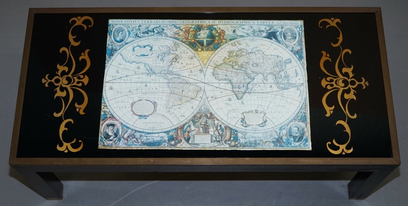 STUNNING COFFEE & SIDE TABLE NEST OF TABLES MILITARY CAMPAIGN WITH WORLD MAPS gallery