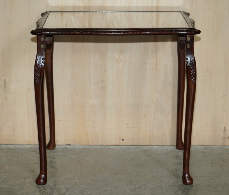 VINTAGE NEST OF THREE GOLD LEAF EMBOSSED BROWN LEATHER TOPS SIDE END WINE TABLES gallery