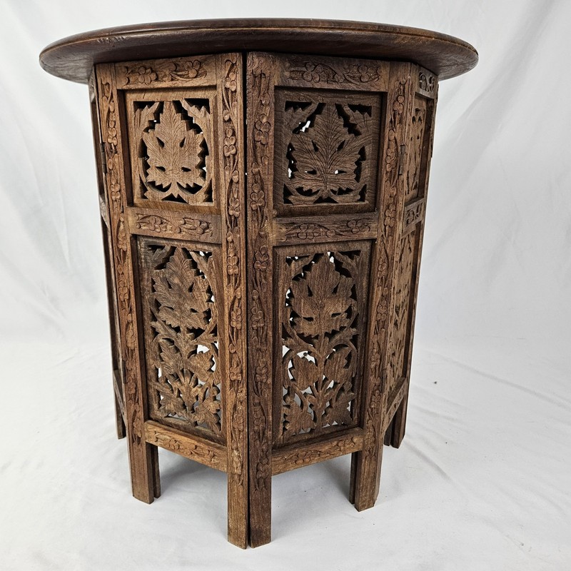 Vintage MCM Carved Octagon Folding Teak Wood Table Plant Stand Moroccan Boho gallery